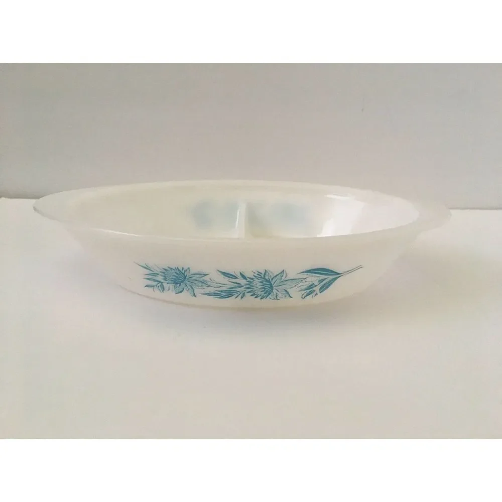 Glasbake Divided Baking Dish Serving Bowl Aqua Blue Thistle Jeanette Milk Glass